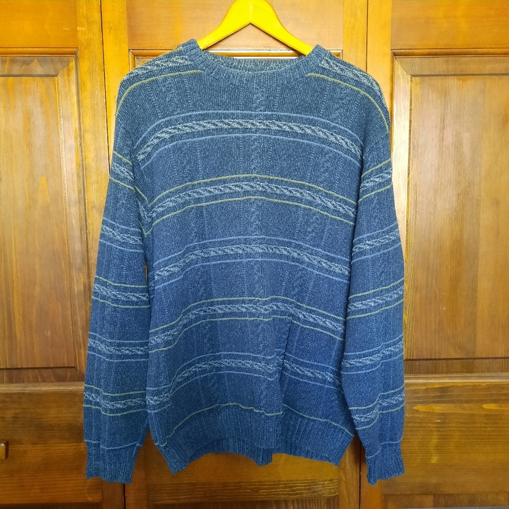 Vintage Haggar Cotton Blend Blue Green Cosby Grandpa Style Knit Sweater Size L
